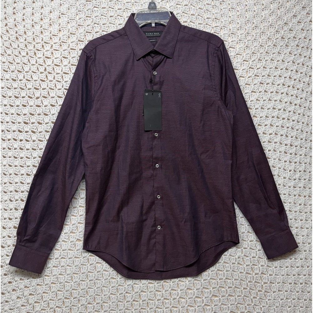 Zara Man Shirt Men's M Purple Slim Fit 100%Cotton Long Sleeve Button Down